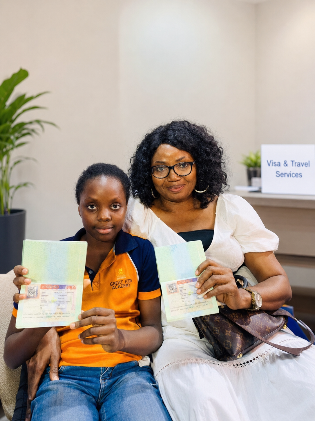 Chiugo Onuigbo and daughter holding passports together