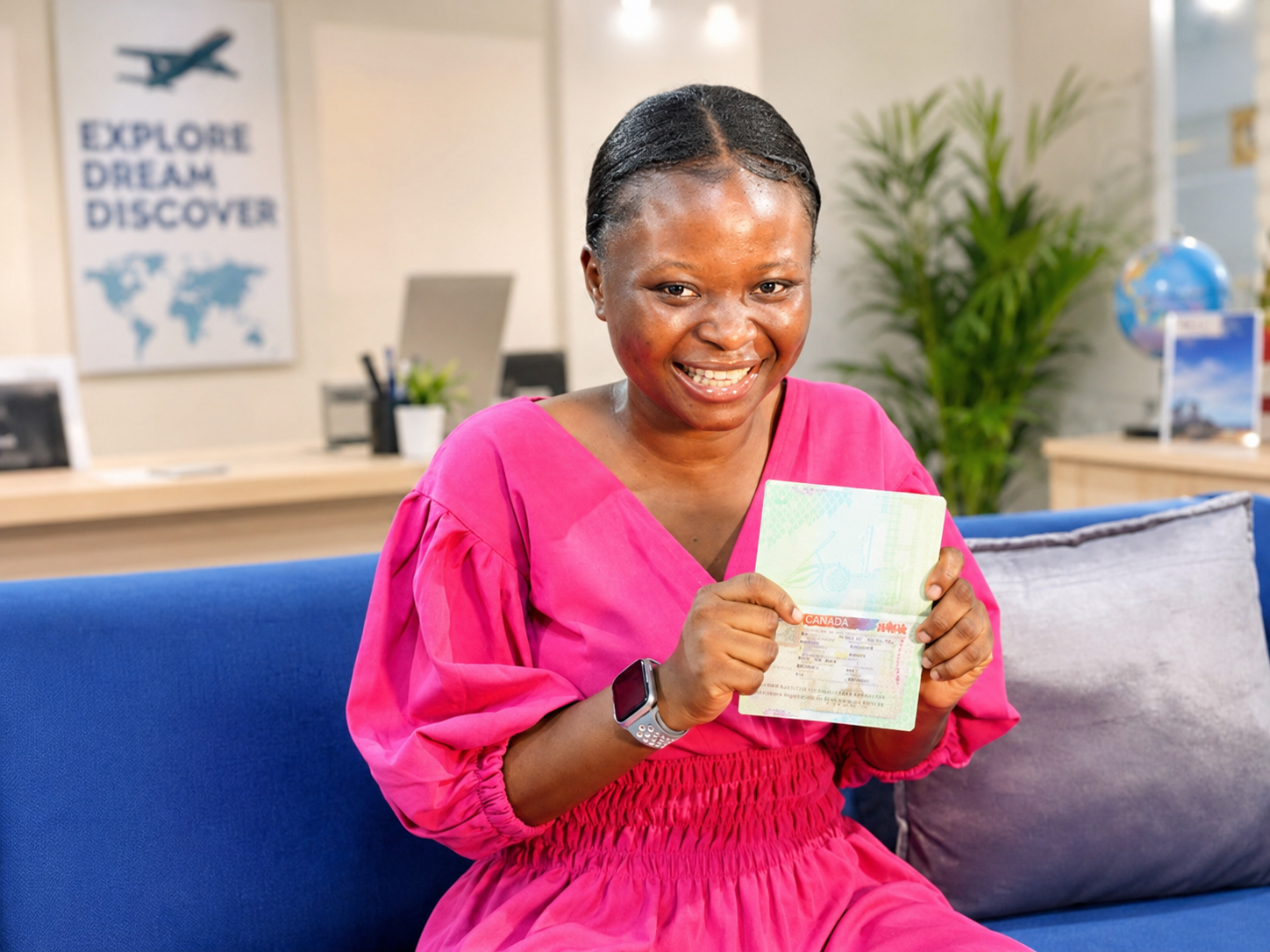 Joy Antai Idara holding a passport and smiling on a sofa