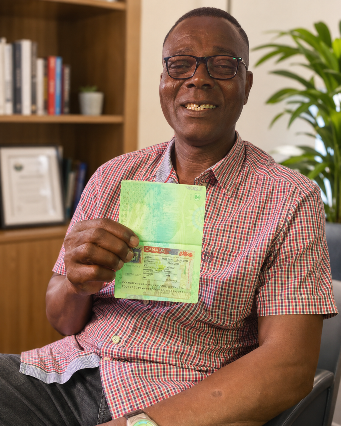 Michael Obokhale smiling while holding a passport